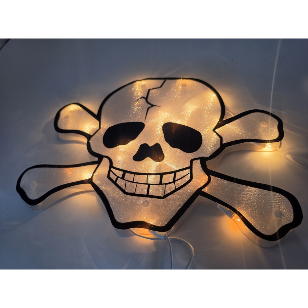 Vtg Nos Lighted Skull Crossbones Window Halloween Decoration Plastic silhouette